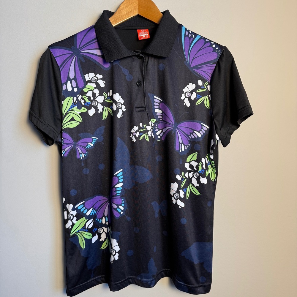 SPORT-DRI Butterfly Floral Print Womens Compression Fit Polo Shirt Black X-Large